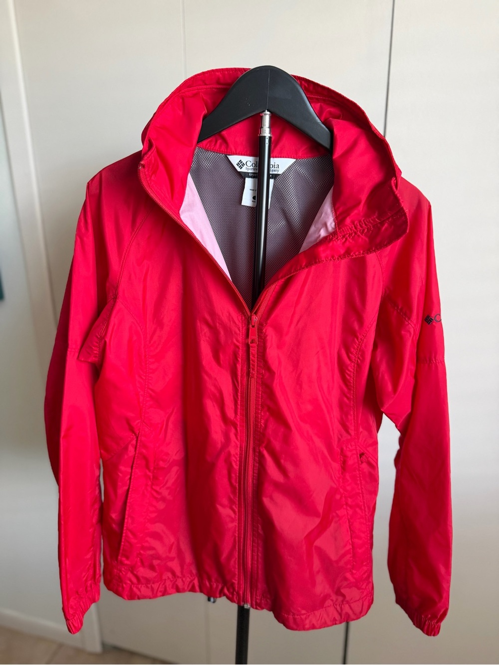 Columbia Women's Bright Red Hooded Shell Jacket, As is, sleeve has a black stain